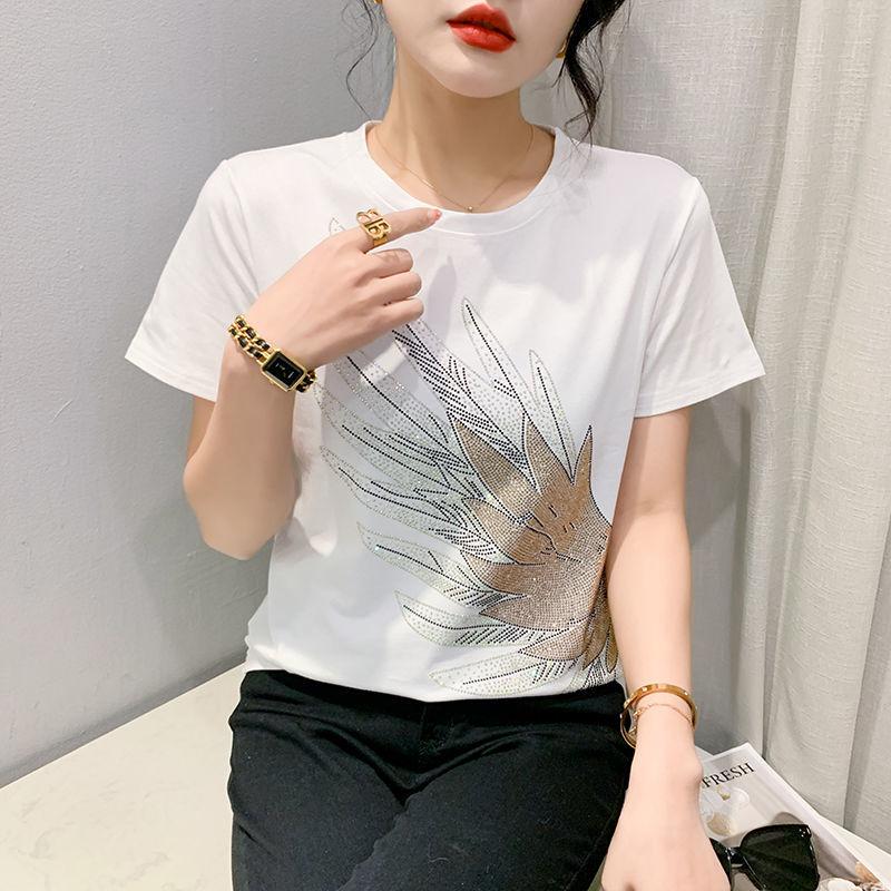 Sommer Design Flügel Diamant Kurzarm T-Shirt für Damen Baumwolle Locker Slim T-Shirt Modisches Vielseitiges Top Trendy