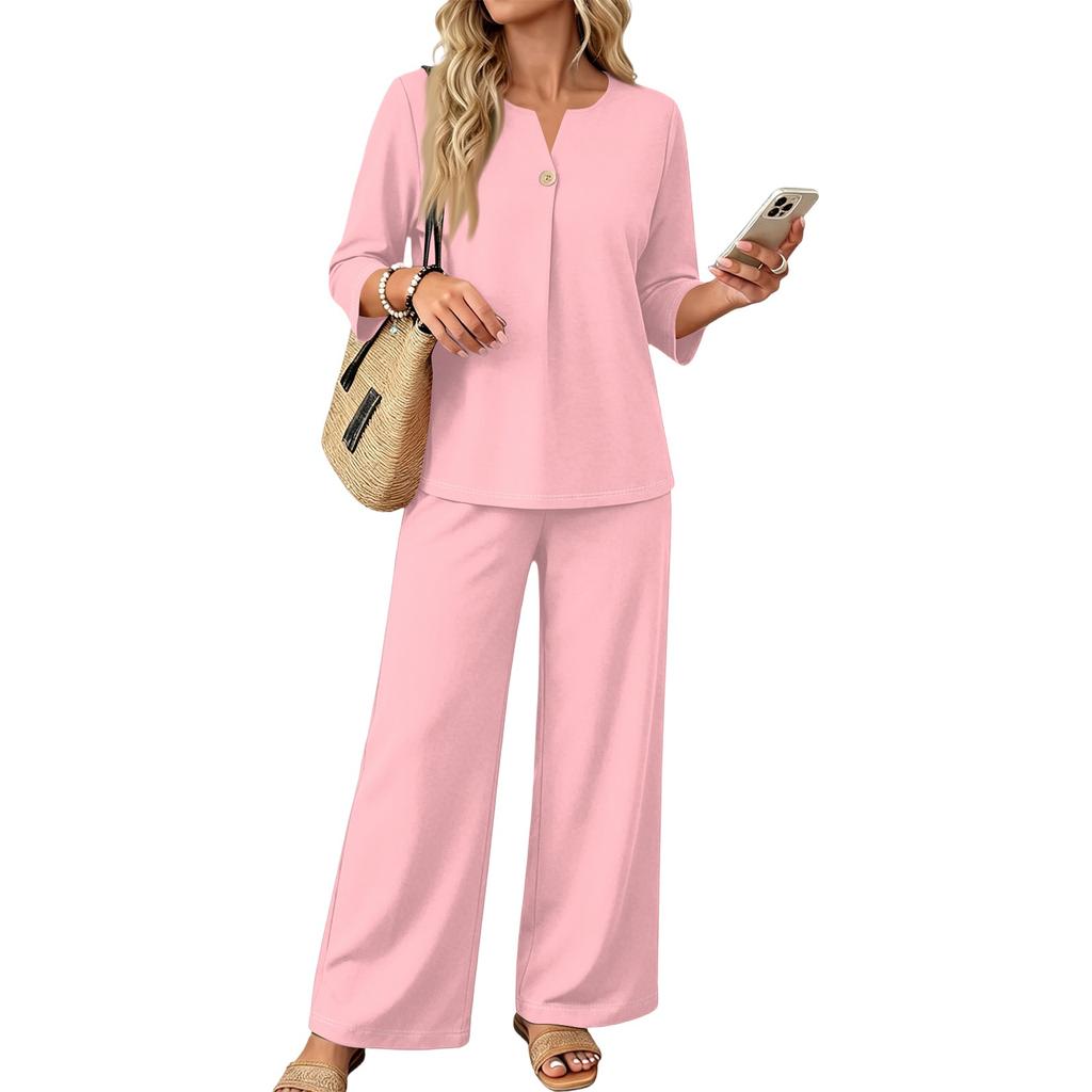 Women's Casual Two-Piece Outfit Set Color 3/4 Sleeve Button Front Top with Wide Leg Pants for Everyday Wear