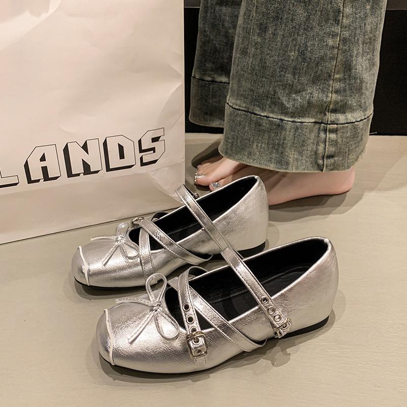 

French silver Mary Jane single shoes women s 2025 summer new casual bow buckle inner height-increasing ballet shoes 35