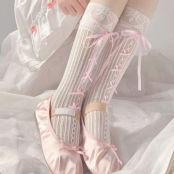 1 Pair Women's Sweet Lace Bow Mid Calf Socks JK Dressing Style Ribbon Straps Mesh Socks