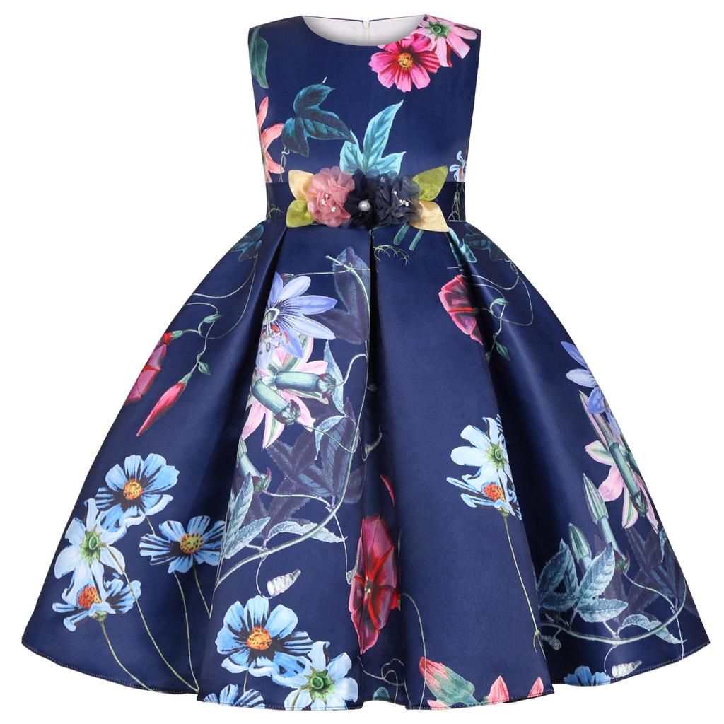 2026 New European & American Retro Floral Princess Dress for Girls - Holiday Party Evening Gown