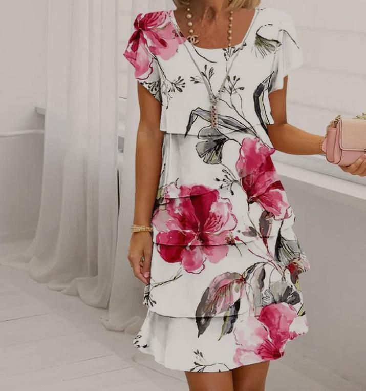 2025 Summer Women's Short Sleeve Tiered Chiffon Dress - European & American Style