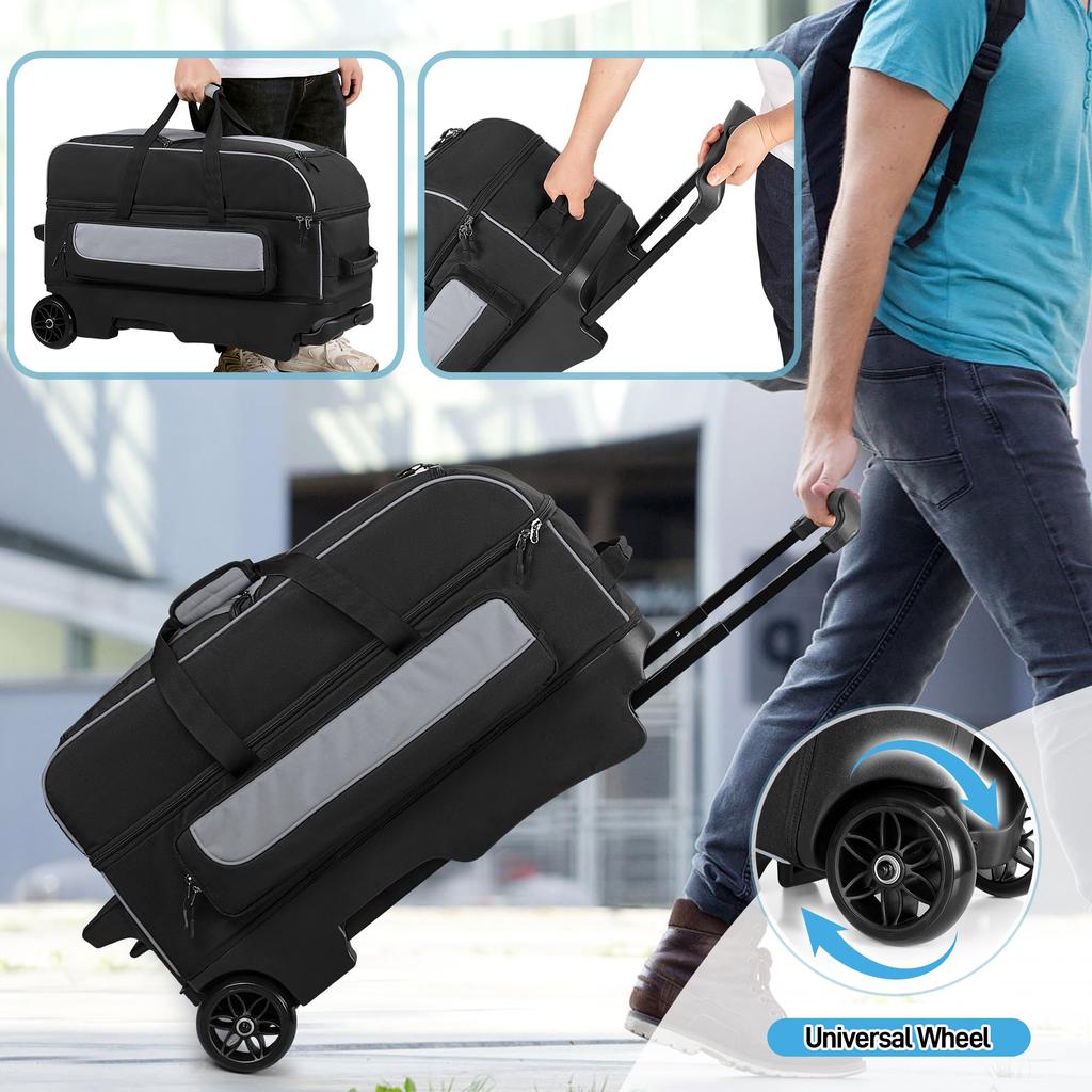 GOBUROS Bowling Bag with Wheels Bowling Bag for 3 Carry Bowling Bag with Shoe Storage Bowling Cart Bag