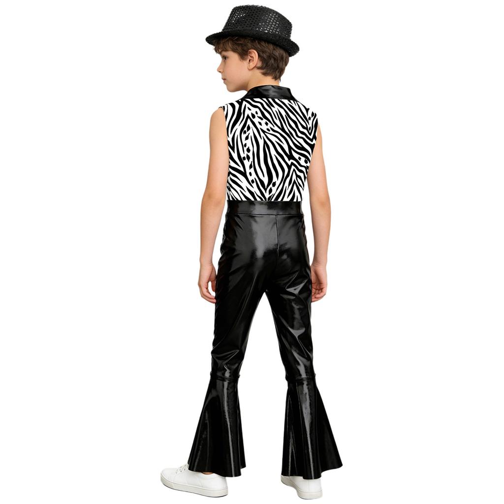 Boys Disco Metallic Glossy Sleeveless Print Patchwork Long Flare Pants Jumpsuit Sequins Fedora Hat