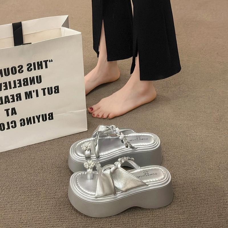 Stylish Silver Thick-soled Women's Sandals With Rhinestones For Summer Comfort