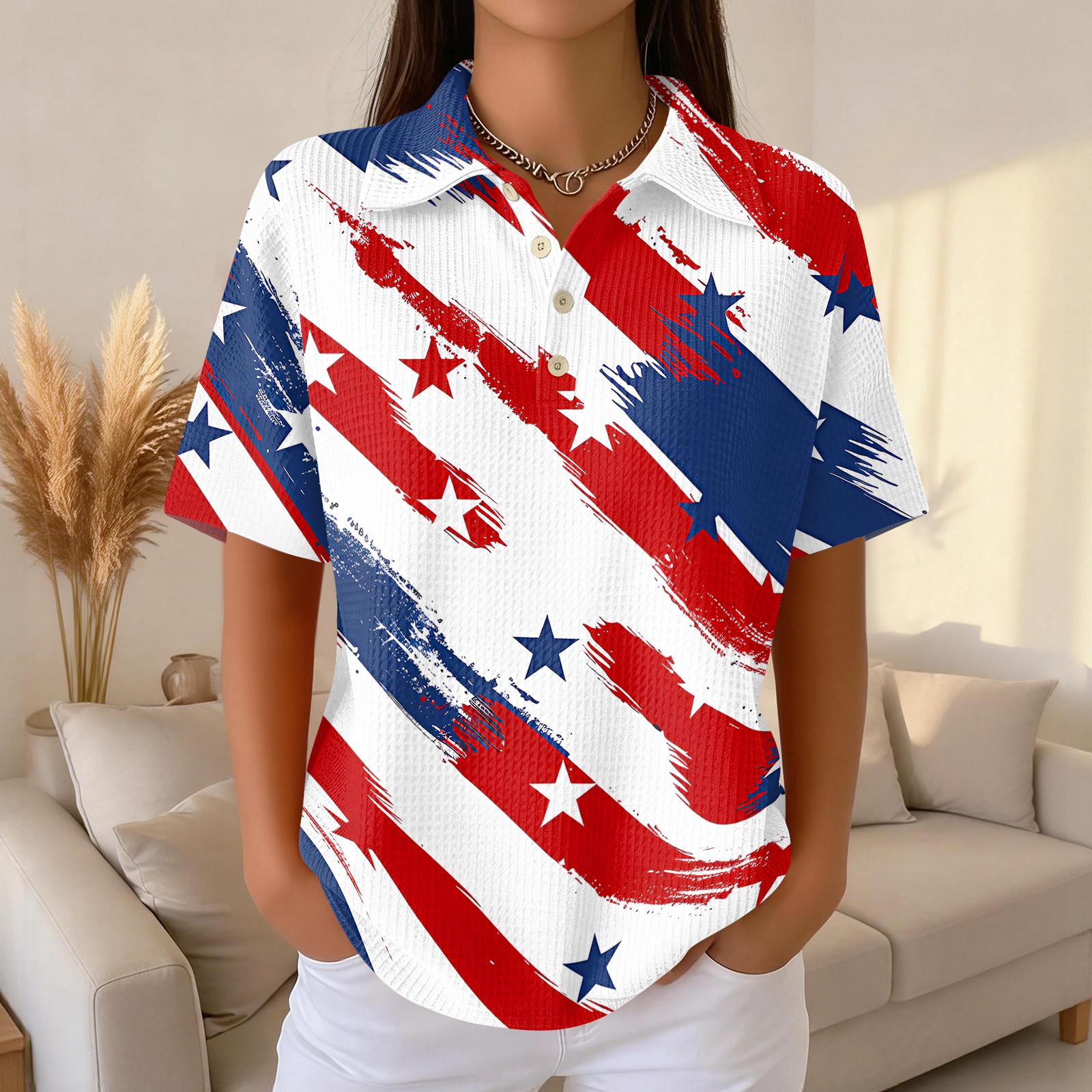 

Women s Fashion Casual Short Sleeve Waffle Knit Polo Shirt with Independence Day Print and Classic Collar Design for Everyday Wear S білий