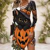 Women Criss Cross V Neck Long Sleeve Printed Dress Halloween Pumpkin Mushroom Fitted Curved Hem