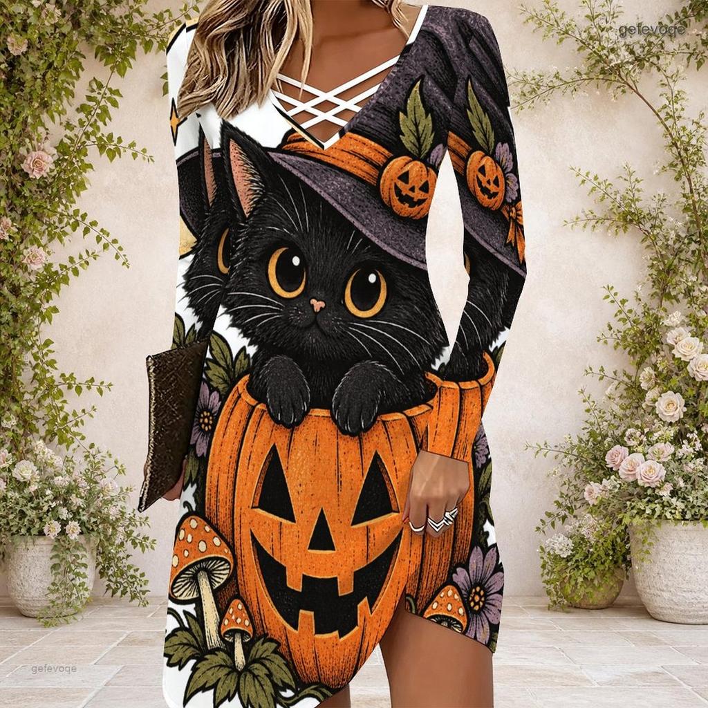 Women Criss Cross V Neck Long Sleeve Printed Dress Halloween Pumpkin Mushroom Fitted Curved Hem
