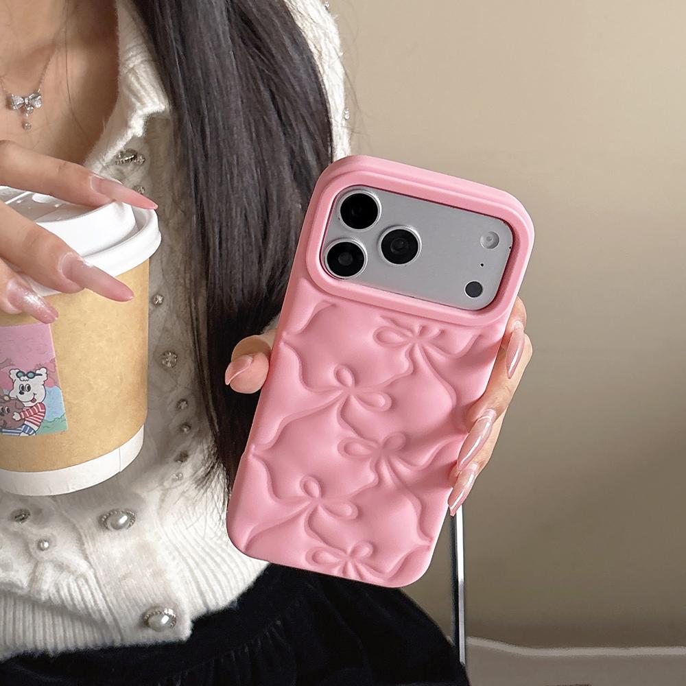 Mignon Étui Cartoon Rose 3D Gaufré Nœud Papillon pour 17 Pro Max 16 15 Pro 14 13 Pro Coque Téléphone Souple en Silicone iPhone 16 Pro Max