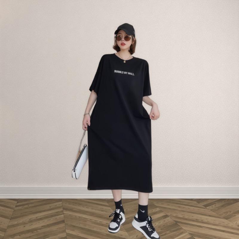 

Женское повседневное платье-футболка с короткими рукавами Lazy Fashion, длинное платье с разрезом выше колена M чёрный