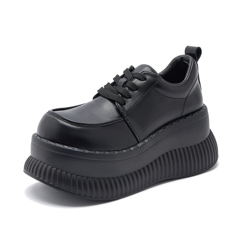 Fashion Thick-Soled Women's Shoes 2025 New Lace Up Lolita Shoes Black Beige Chunky Platform Leather Pumps Size34 39 Street Style Flats