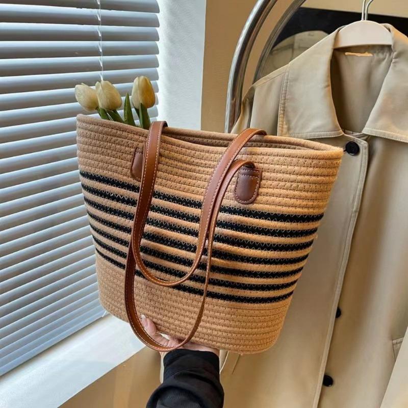 Versatile High-end Straw Bag, Seaside Vacation Striped Woven Bag, Women's Large-capacity Shoulder Beach Tote Bag