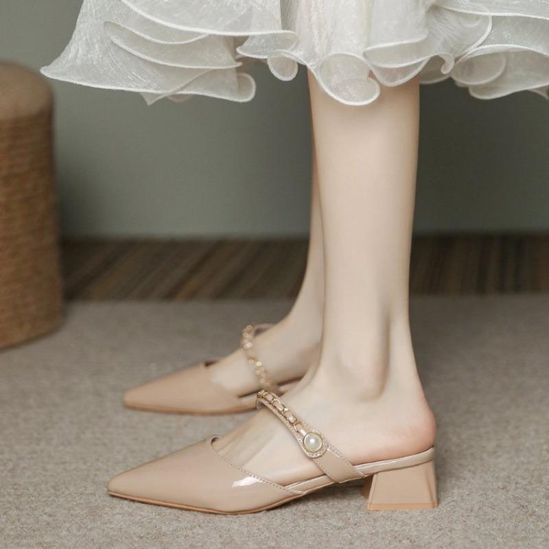 

Nude thick heel bag head cool slippers women s spring and summer new one-word with pointed high heels with skirt 40 тілесний