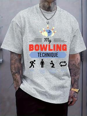 Lässiges T-Shirt mit Rundhalsausschnitt und lustigem Bowling-Technik-Slogan-Aufdruck