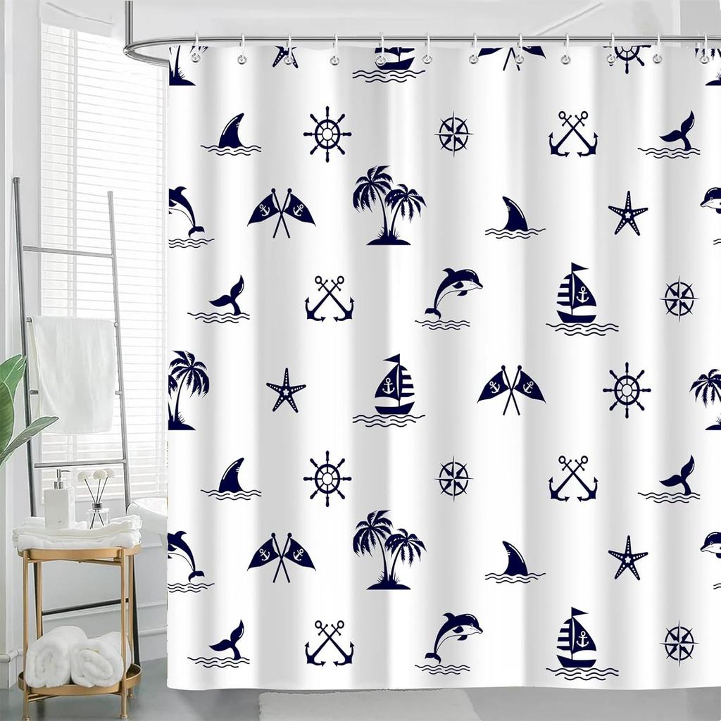 1Pc Navy Blue Nautical Shower Curtain For Bathroom, Ocean Beach Sailboat Anchor Shower Curtains Decor