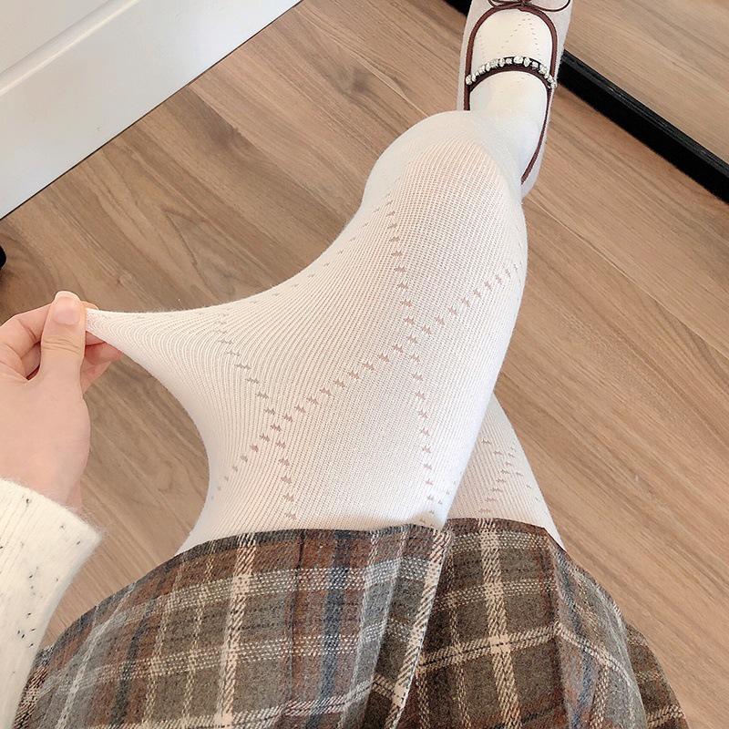 Meias Brancas de Espessura Média para Outono/Inverno & Collants de Bolinhas Cinza Fumo, Leggings Branco Leite Forradas em Algodão