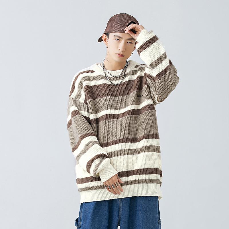 Autumn Winter Plus Size Striped Sweater Men's Sweaters Stripe Embroidery Knitting Pullover Korean Streetwear Men's Clothing Sweater Male