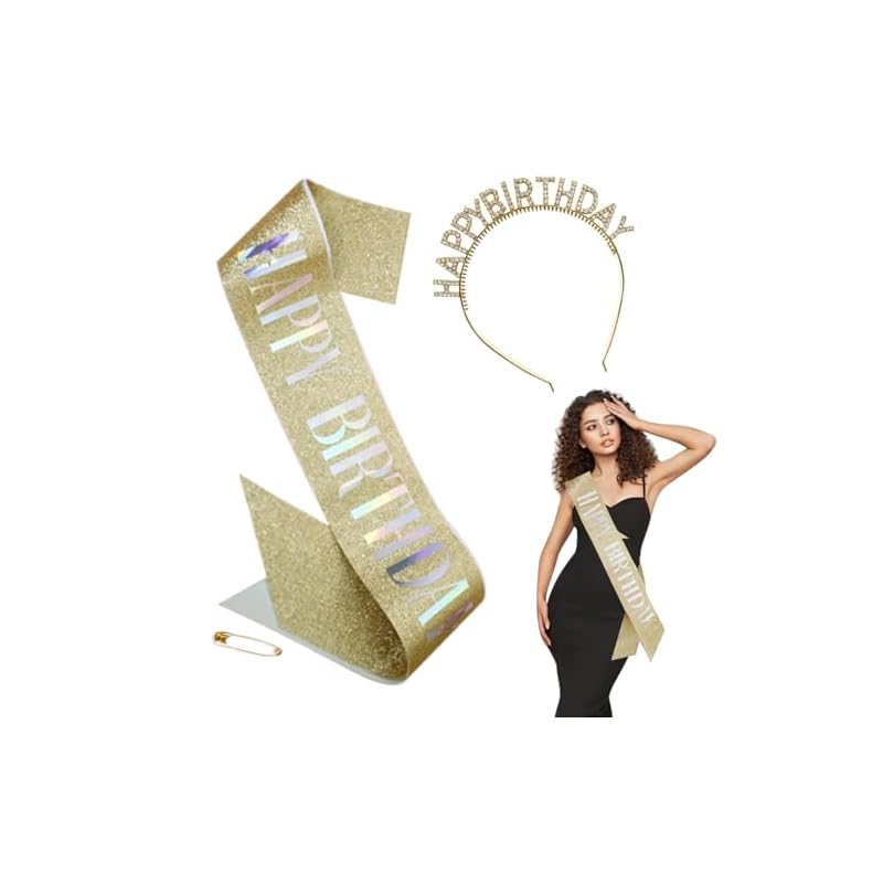 LIKENNY 3-Piece Birthday Headband, Sash, and Brooch Set, Sparkly Birthday Cake Decorations, HAPPY BIRTHDAY Party Supplies, Anniversary Celebration