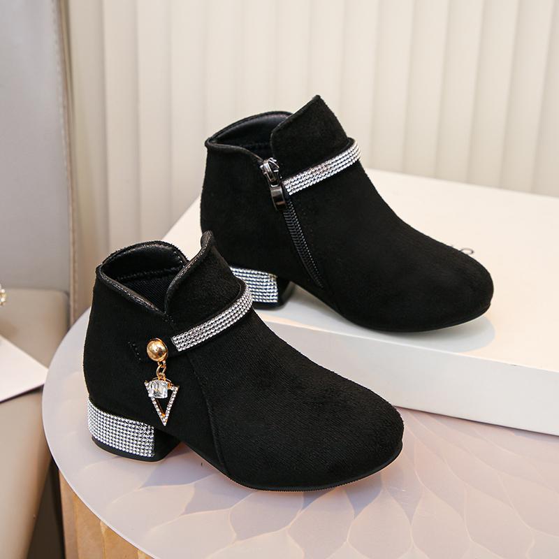 

Girls Black Velvet Short Boots with Rhinestone Detail Autumn Kids Ankle Boots Elastic Cuff High Heel School Dance Shoes 28 чорний