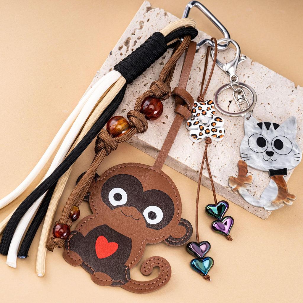 Retro Maillard Monkey Pendant Woven Rope Keychain Cartoon Bag Charm