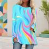 Women Plus Size Round Neck Long Sleeve Colorful Striped Printed Cyan Loose Blouse High Low Hem