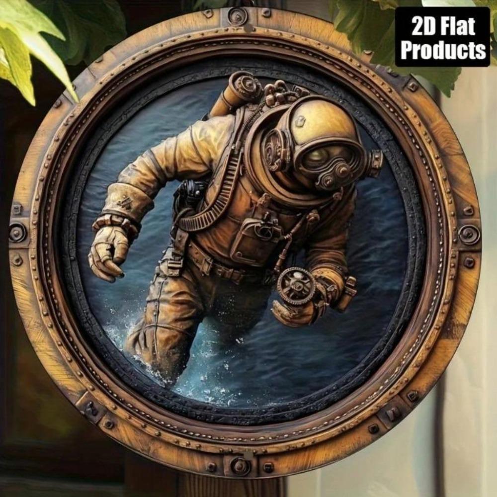 Antique Diver Ocean Wall Art 8x8 Inch Round Metal Sign Home Nautical Decor