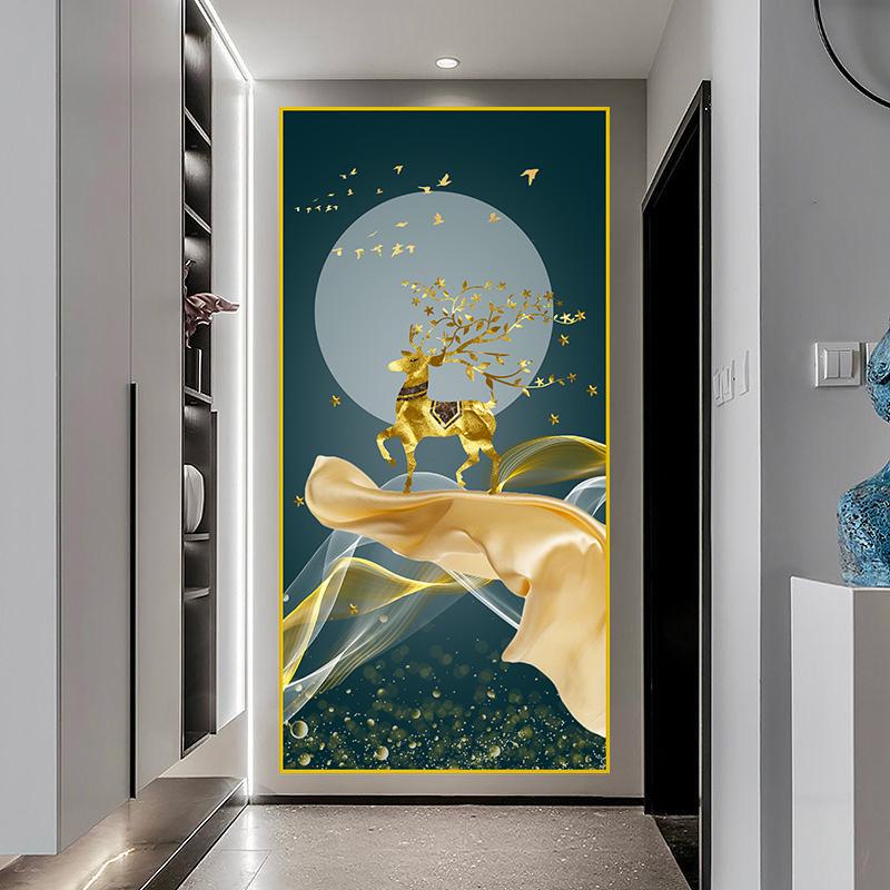 New Chinese Golden Deer Rich Tree Canvas Painting Wall Art Luxury Gold Flowers Posters Prints for Corridor Interior Decor Quadro