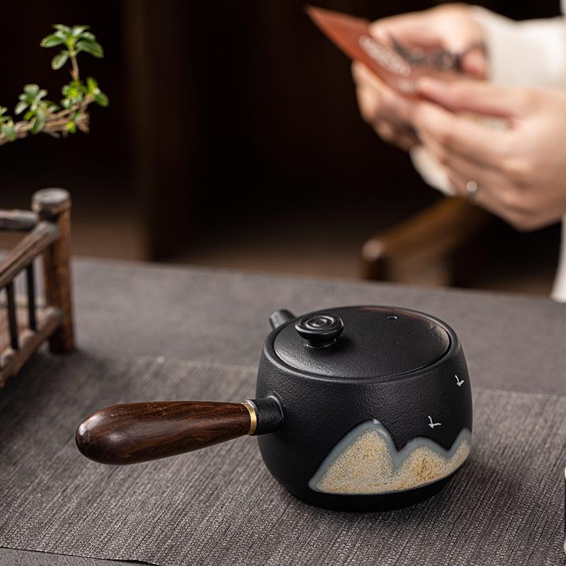 320ml Ceramic Teapot, Coarse Earthenware Side-Handled Teapot, Black Pottery Gongfu Tea Set