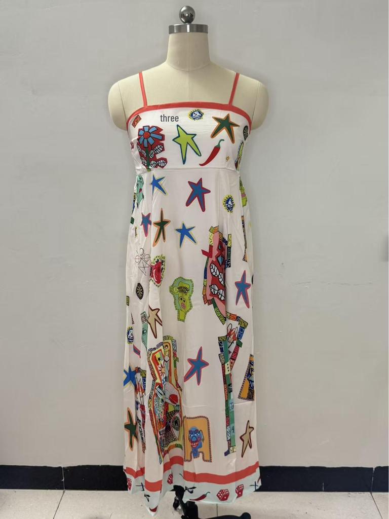 2026 Sexy European-American Style Graffiti Print Spaghetti Strap Wide Hem Dress