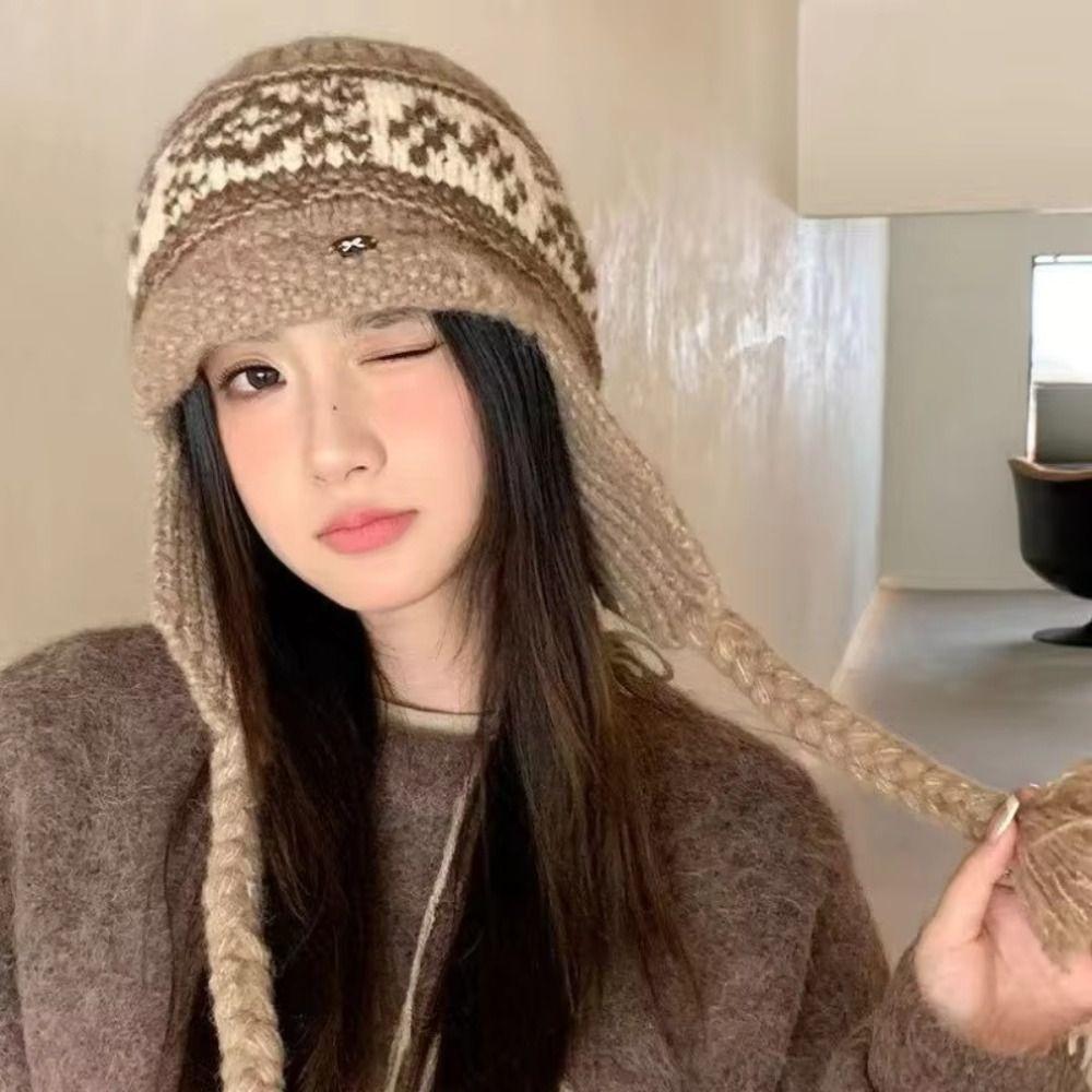 Korean Style Jacquard Knitted Hat Tassel Ear Cap Fashion Lei Feng Cap Apparel Accessories