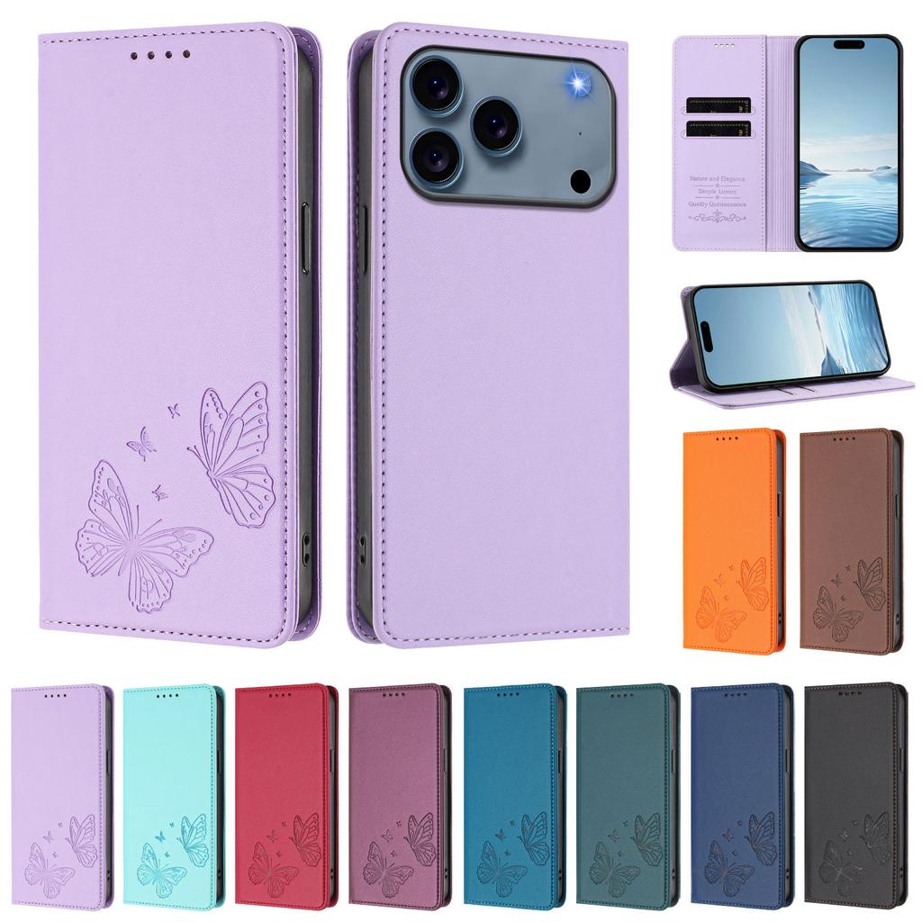 Fashion Butterfly Embossed Leather Wallet Card Solt Case For iPhone 17 Pro Max 16 Plus 15 14 13 12 11 Book Shockproof RFID Cover