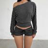 Top Cropped Listrado Retrô de Manga Longa e Ombro a Ombro para Mulheres, Corte Amplo com Cordão na Cintura, Camisa da Moda Outono 2026