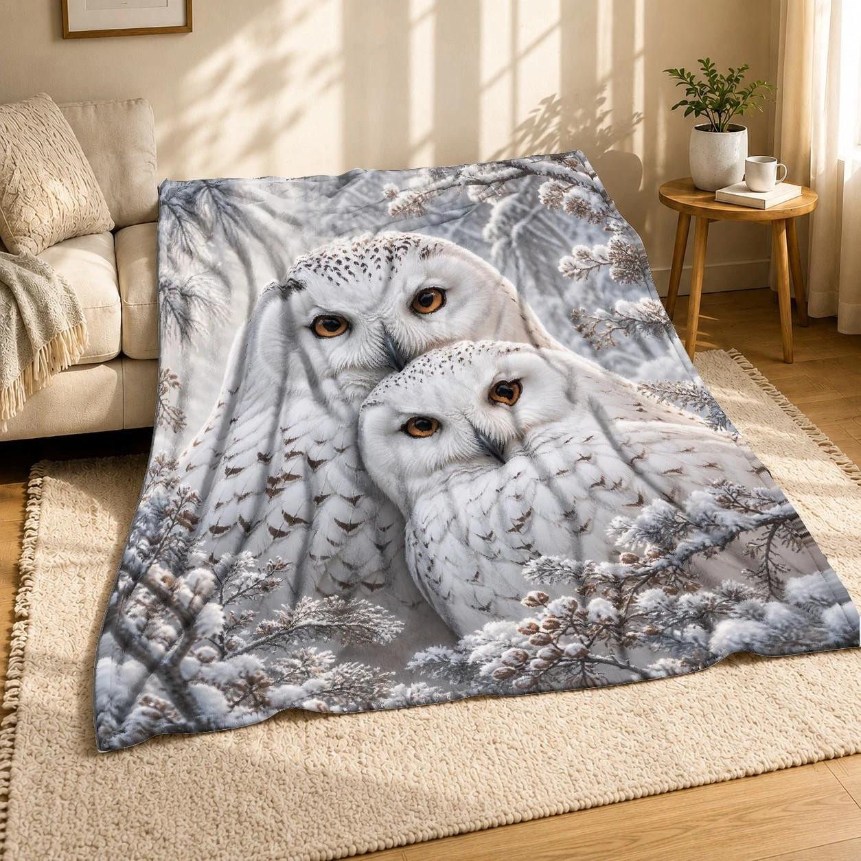Schneeeulen-Paar Gemütliche Decke Wintervogel-Dekor 100cm*130cm gray