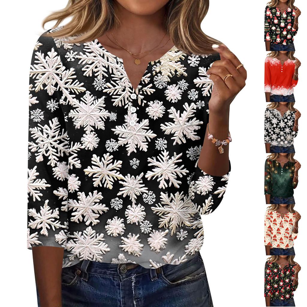 Women's Casual Christmas Print V-Neck Button Three-Quarter Sleeve T-Shirt