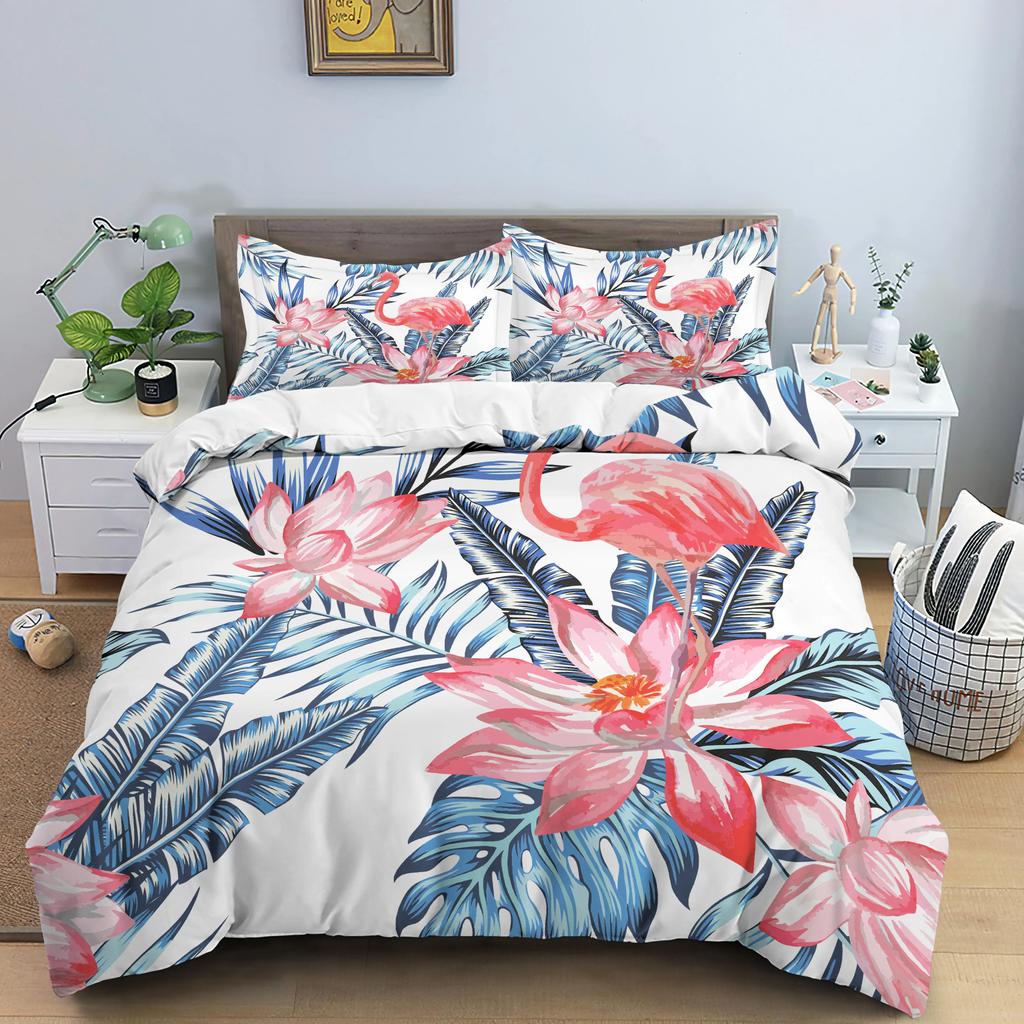 Girls Boys Tropical Botanical Leaves Flamingo Bedding Set Palm Leaf Comforter Cover King Size Toucan Flamingos Duvet Cover Kids