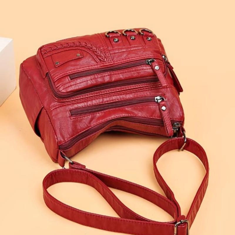 Damen Vintage Leder Umhängetasche mit mehreren Reißverschlusstaschen, Verstellbarer Riemen Schultertasche für den täglichen lässigen Gebrauch Geldbörsen