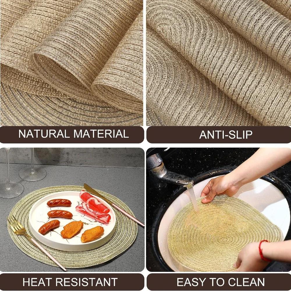 Golden Sliver Glitter Round Braided Placemats Set of 6 34/38CM Circle Place Mats Washable Table Mats for Kitchen Party Wedding