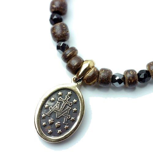 Silver One si Miraculous Medal Virgin Mary Necklace with Wood Beads, Black Spinel, and Hematite for Men (50cm + Adjustable Chain)