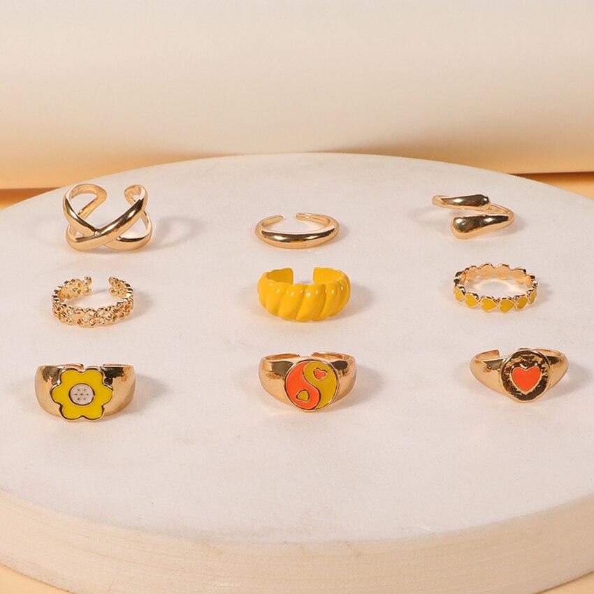 9pcs Gold-color Ring Set Women Fashion Trend Wind Open Finger Ring Yellow Department Zinc Alloy Jewelry