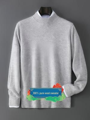 Men's Pure Wool Half-High Neck Sweater, Solid Knit Pullover, Casual Business Base Layer Top.