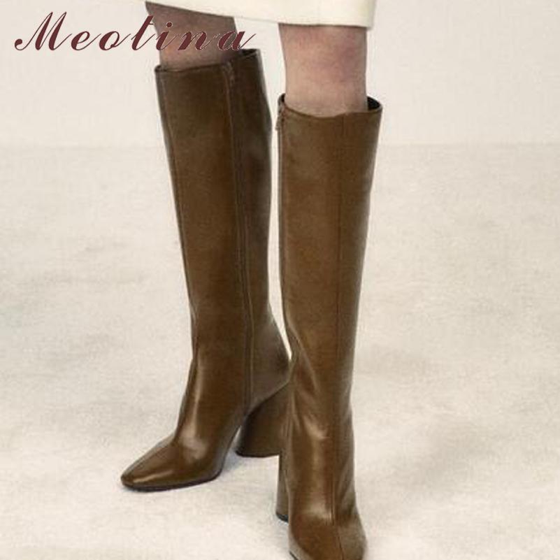 

Meotina Женщины Сапоги до колен из натуральной кожи Квадратный носок Коренастые высокие каблуки Длинные сапоги на молнии Леди Модные туфли осень-зима 43