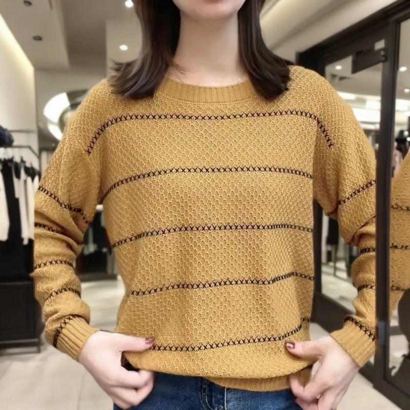 Suéter de Punto de Seda de Hielo con Calado Suelto Fino a Rayas Cuello Redondo Diseño de Manga Larga para Principios de Primavera