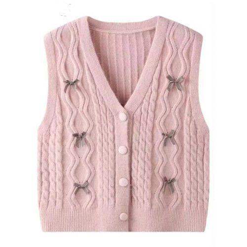 Spring and Autumn Thickened Bow V-neck Knitted Vest Women's Youthful Outerwear Cardigan Top