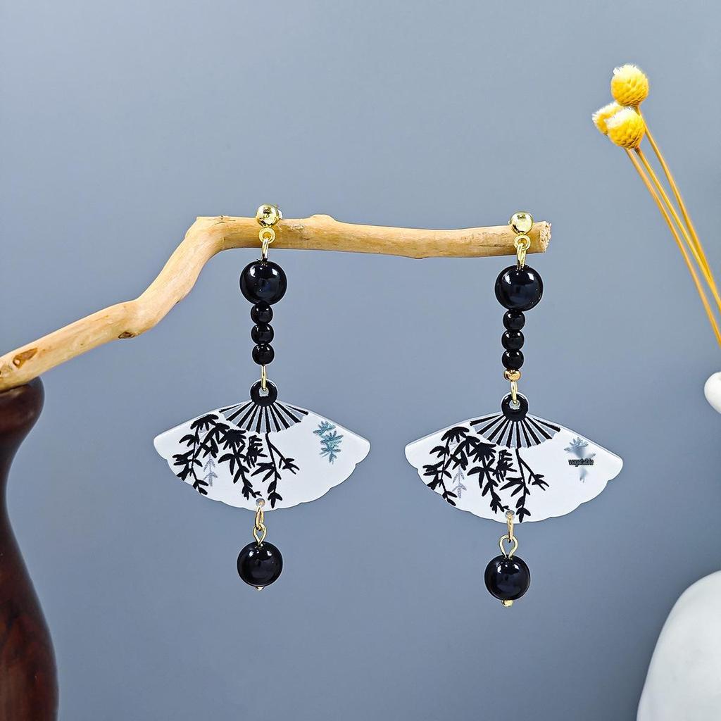 Ancient Chinese Style Beaded Tassel Earrings with Flower Fan and Bowknot