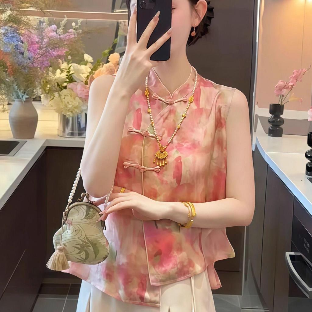 Schönes rosa verschmiertes ärmelloses schräges Westenhemd Damen 2025 neu Satinsweste kurzes Hemd Sommer