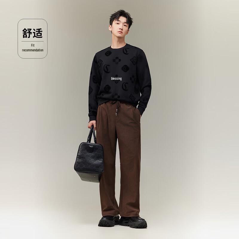 Cabbeen Men's Window Pattern Flocked Long Sleeve Sweatshirt