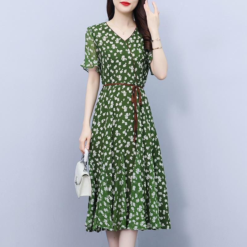 Západní styl květinový výstřih do V 2024 Nové letní temperamentní ženy Pokrývají maso a tenké módní šifonové šaty Ženy