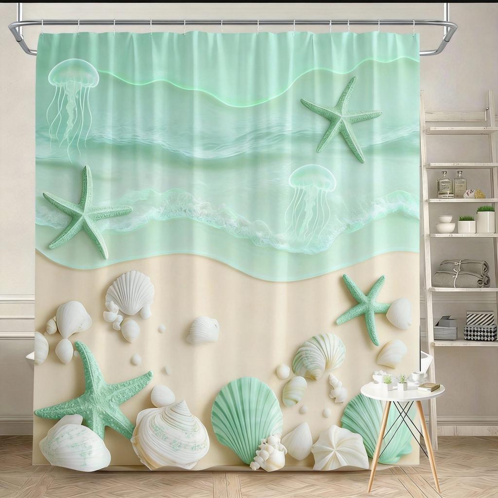 Beach Shower Curtain 180x180cm – Coastal Waves, Sandy Shore & Seashells in Neutral Tones, Ocean Bathroom Decor, 12 Hooks