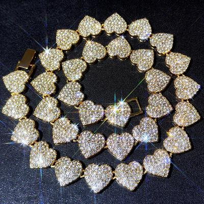 Iced Out Strassstein Herz Cuban Link Kette Halskette für Damen Gold Farbe Herz Tennis Kette Hip Hop Halsketten Schmuck