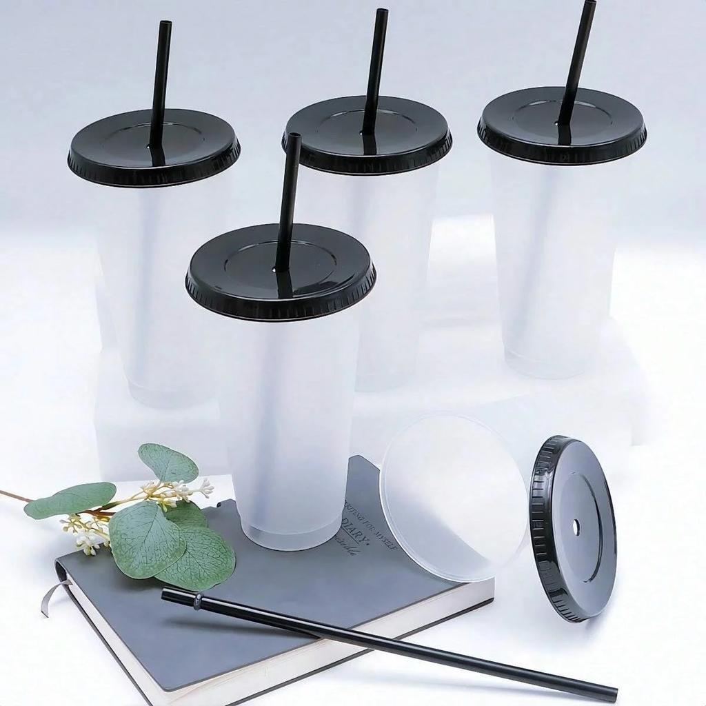 5pcs, 24.01oz Tumblers With Lids And Straws Reusable Plastic Cups Iced Coffee Large Water Bottle Party Cold Mug Summer Drinkware
